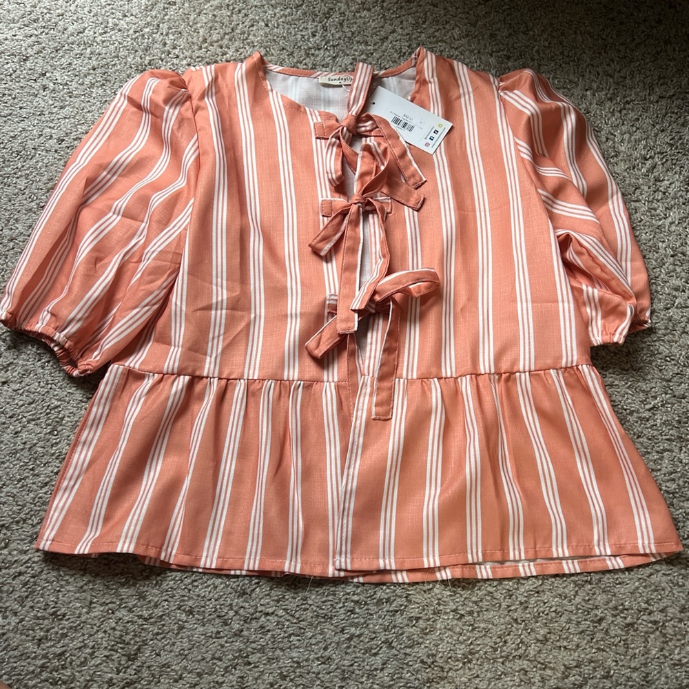 Sunday Up Orange and White Blouse with Tie Detail